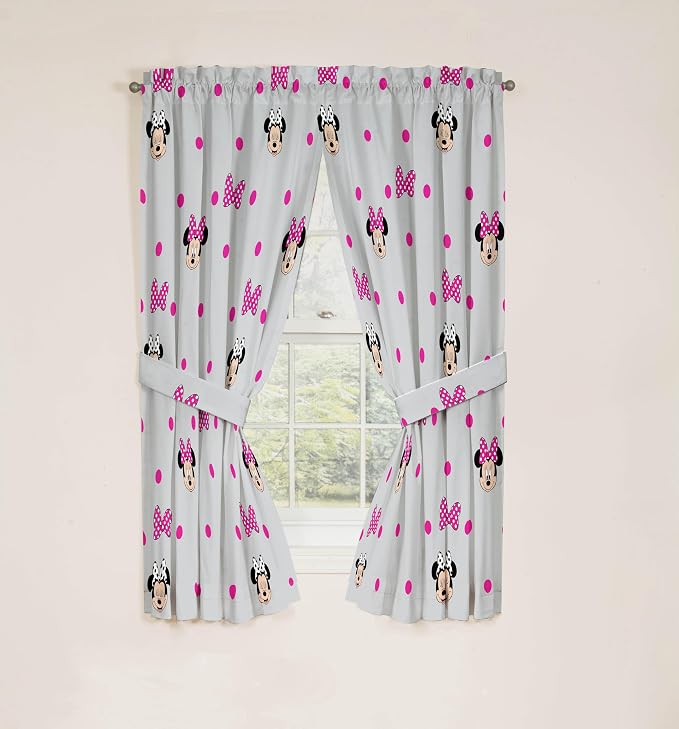 Jay Franco Window Curtains for Kids Bedroom 4-Piece Drape Set with 2 Tiebacks, Grey - Minnie Mouse, 42" W x 63" L (Pack of 2)