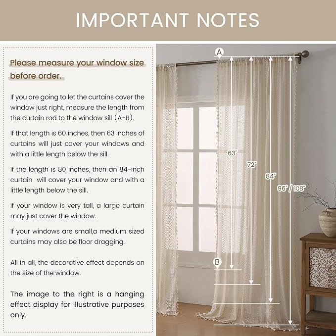 WAZZIO Boho Lace Curtains 105 Inch 2 Panel,Light Filtering Privacy Tassel & Geometry Crochet Semi Sheer Curtain Drapes for Bedroom Living Dining Room,Rod Pocket & Tassel,Vintage Farmhouse Decor,Beige