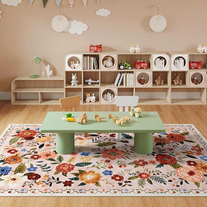 6x9 Washable Area Rug for Living Room, Floral Non-Slip Non-Shedding & Easy Care Soft Low Pile Vintage Indoor Floor Carpet for Living Room, Bedroom, Farmhouse, Dining Room, Kids Playroom, Beige