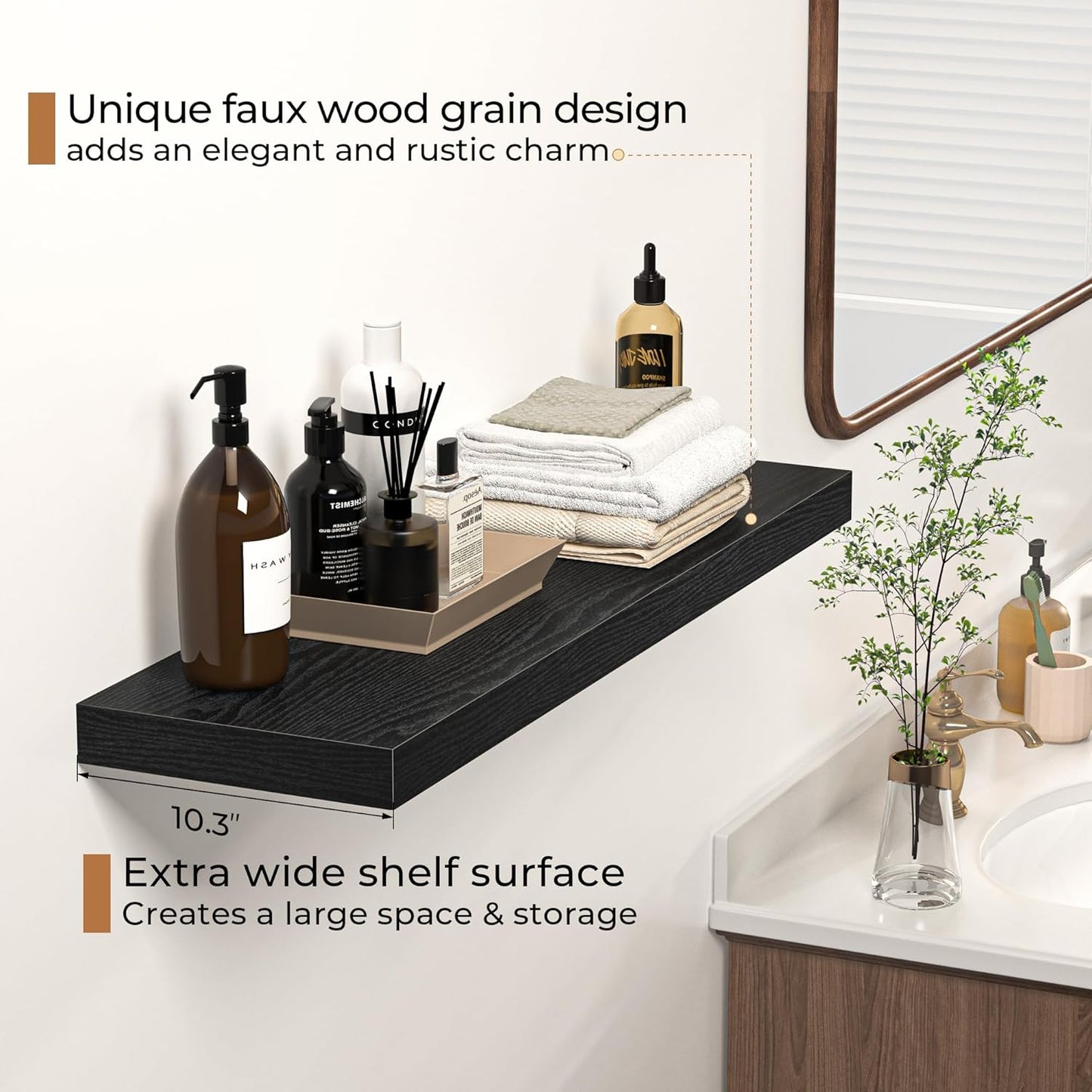 Floating Shelves - 10.3 Inch Deep Wall Shelf for Decor & Storage - Wall Mounted Display Shelving with Invisible Heavy-Duty Metal Bracket - 36" W x 10.3" D x 1.8" H - Set of 1 - Rustic Black