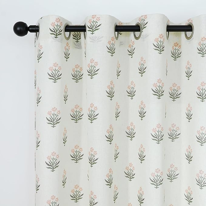 Pink Curtains 2 Panel Sets for Bedroom Girls Nursery,Light Blush Pink and Green Floral Boho Cute Sheer Curtains for Living Room Aesthetic Coquette Teen Girl Room Decor