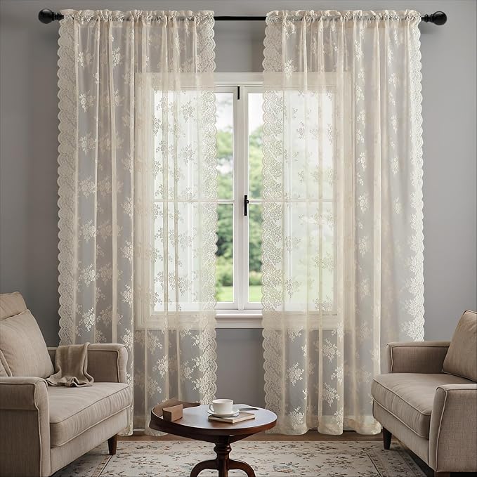 Kotile Beige Lace Curtains 80 Inch Length for Living Room, 2 Panels Country Rustic Floral Patterned Vintage Beige Sheer Curtains for Bedroom, Rod Pocket Privacy Window Curtain Drapes, 52 x 80 Inch