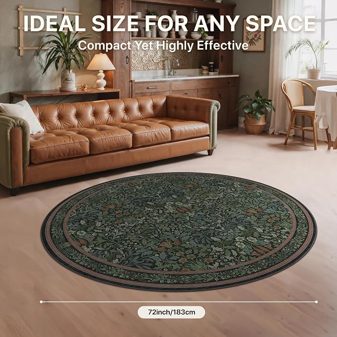 GENIMO 6 Ft Washable Round Rug for Living Room, Non Slip, Dark Green | Vintage Boho Floral Low Pile Thin Circle Mat for Bedroom, Kitchen, Nursery, Dining Area