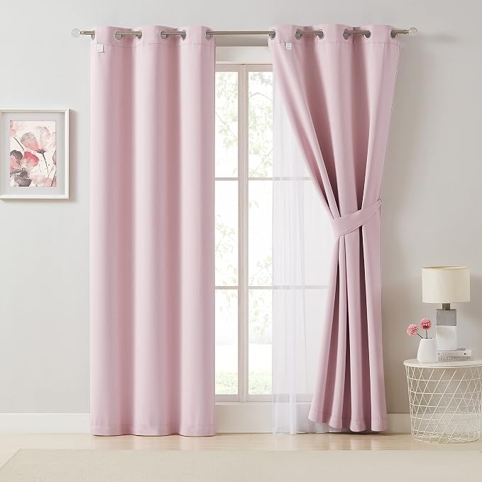 Bujasso Pink Blackout Curtains with Sheer Overlay Mix and Match Double Layer 80% Room Darkening Window Treatment Set for Girls Bedroom Living Room Pink Drapes with Tiebacks Grommet Top 54" Wx95 Lx2