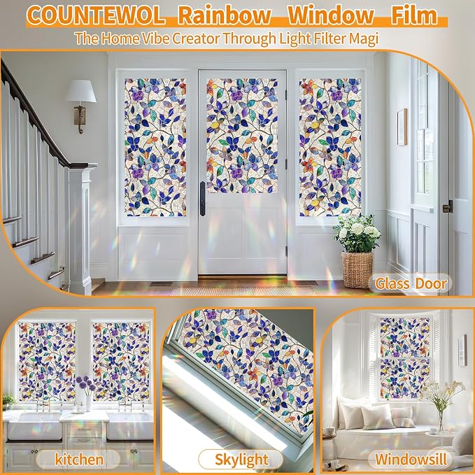 COUNTEWOL Window Privacy Film with Installation Tools Home Decorative Colored Glass Window Stickers Reusable electrostatic Rainbow Stickers (Stained Leaf, 35.4 x 157.4 in)