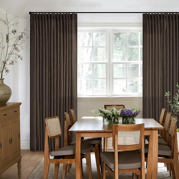 TWODRAPES Dark Chocolate Pinch Pleated Linen Curtains 2 Panels for Living Room Bedroom Memory Training Shaped Semi Sheer Pleat Drapes with Hooks Rings Light Filtering Window Curtain 40x84