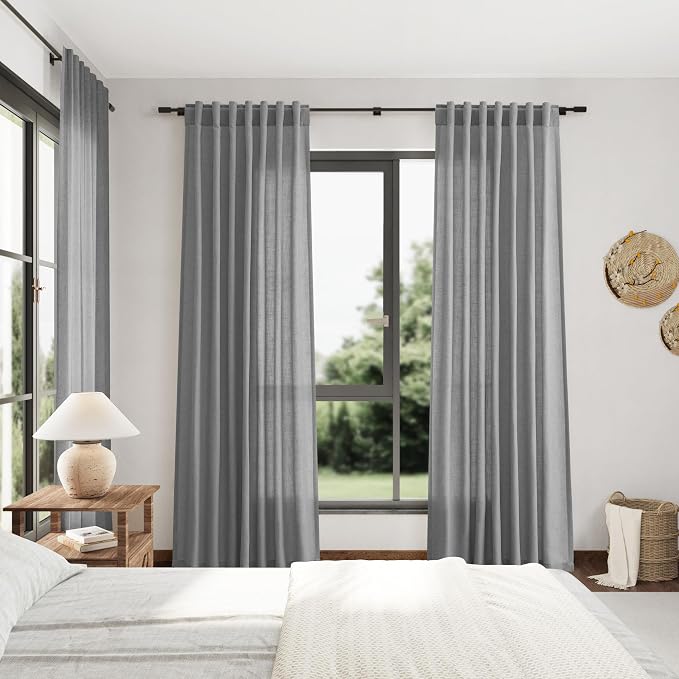 Dark Grey Linen Extra Long Curtain 108 Inches Long 2 Panels Set Back Tab Drapes for Bedroom Lively Farmhouse Light Filtering Semi Sheer Linen Curtains 108 Inch Length for Large Window 52x108