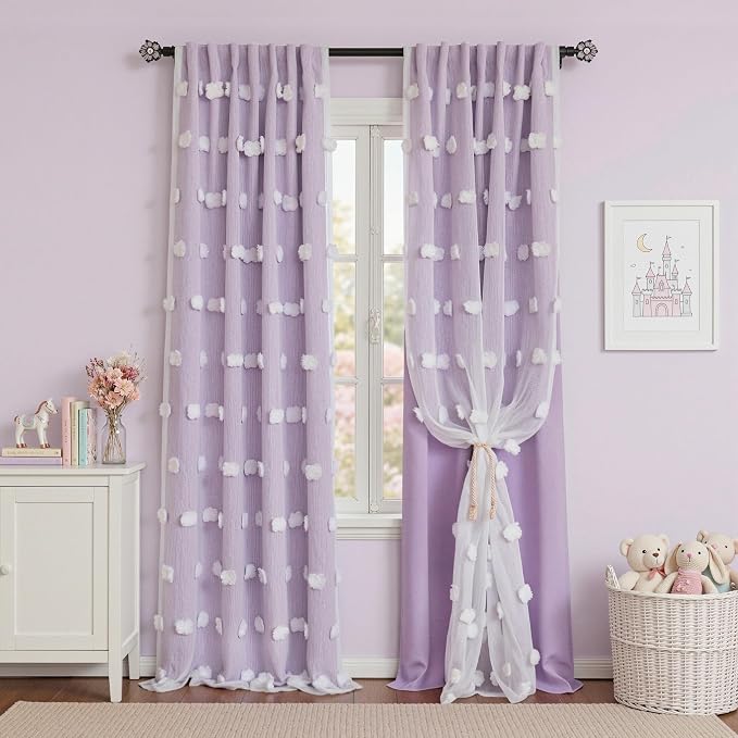 MYSKY HOME Purple Curtains with White Sheer Pom Pom for Living Room Kids Bedroom Blackout Curtain for Sliding Door Decor Drapes Double Layer Window Panels Back Tab Set of 2, Lilac, W52 X L95