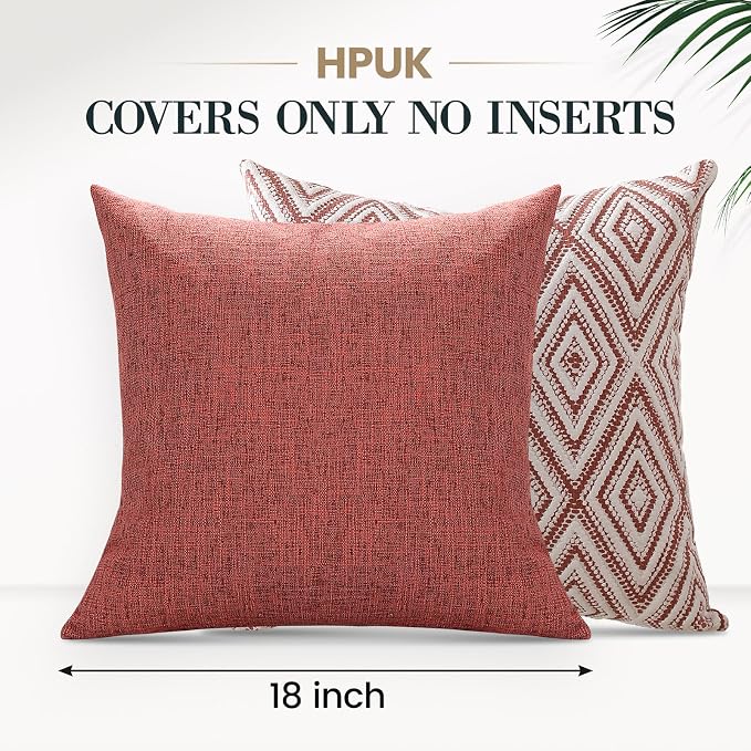 HPUK Throw Pillow Covers 18x18 Inch Set of 4, Linen Decorative Pillow Covers, Accent Cushion Covers for Couch Sofa Bed Bedroom Living Room Décor, Coral