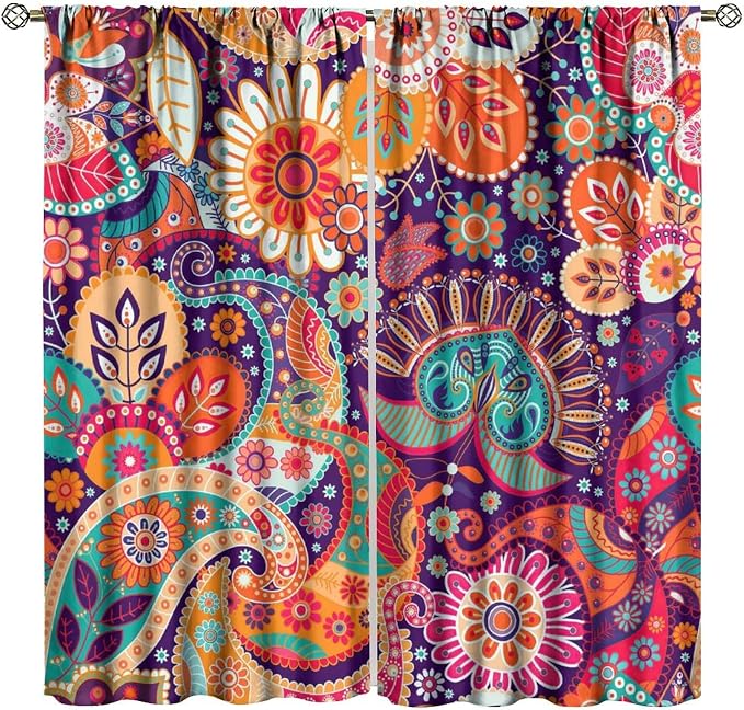 Colorful Floral Bohemian Curtains, Tribal Ethnic Geometric Abstract Patterns, Blackout Curtains for Bedroom Living Room52X84 Inch