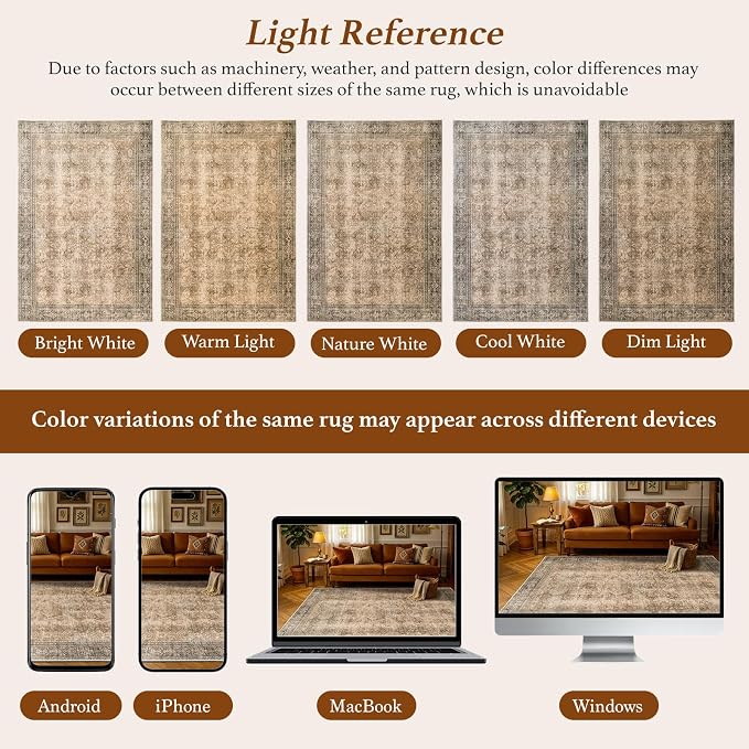 LIANLAM 8x10 Washable Area Rug, Vintage Boho Traditional Pattern, Non-Slip Stain Resistant Rug for Living Room Bedroom(8x10,Brown/Boho)