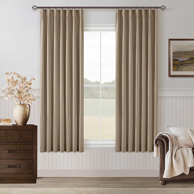 Light Brown Black Out Curtains 63 Inch Long for Bedroom Pinch Pleated with Rings Hooks Back Tab Thermal Insulated Short Linen Blackout Drapes Farmhouse Living Room Darkening Kitchen Coffee Curtains
