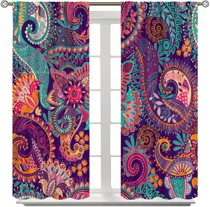 Vintage Bohemian Curtains, Indian Bohemian Mandala Colorful Pattern Blackout Thermal Curtains, Bedroom Living Room Curtains, 2 Panel Set, 84x84 in.