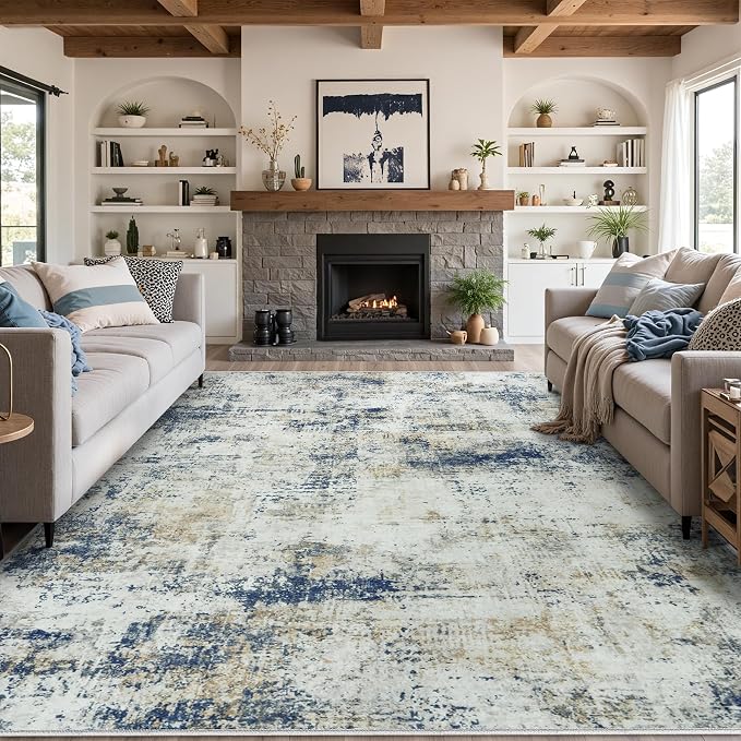10x14 Area Rugs Living Room Rugs: Large Washable Rug with Anti-Slip Backing Non-Shedding Stain-Resistant Soft Abstract Carpet for Bedroom Dining Room Nursery Home Office Blue Brown