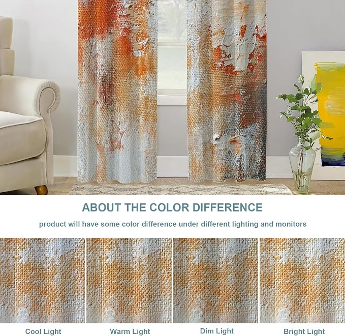 Shrahala Brushstrokes of Paint Blackout Window Curtains, Orange Grey Canvas Texture Thermal Insulated Curtains Grommet Top Window Drapes for Living Room, Bedroom (2 Panels, 52 x 84 in)