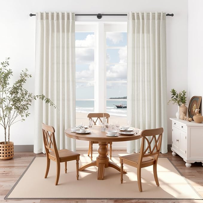 Nanspring Mousse White Linen Curtains 84 Inches Long for Living Room Light Filtering Semi Sheer Curtain Back Tab Simple Modern Elegant Luxury Coastal Decor Drapes for Bedroom Office 52x84,2 Panels