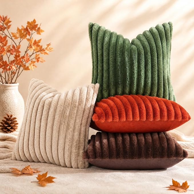 decorUhome Fall Cozy Faux Fur Throw Pillow Covers 18x18 Set of 2 Decorative Soft Plush Striped Modern Farmhouse Boho Couch Pillow Cases with Velvet Back for Sofa Bed Living Room, Rust