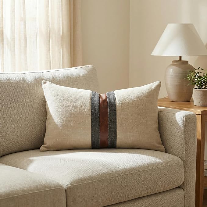 Set of 2 Leather Throw Pillow Covers Lumbar Cotton Linen Decor Patchwork Pillow Cover Faux Leather Pillows Cover for Couch Sofa Living Room Bedroom,Beige Yellow 12"x20"