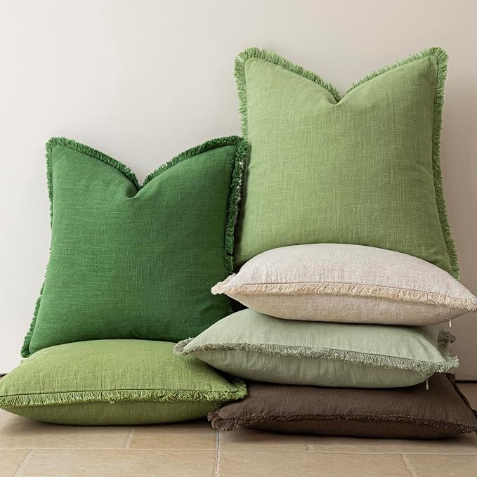 Foindtower Set of 2 Decorative Linen Fringe Throw Pillow Covers Cozy Boho Farmhouse Cushion Cover with Tassels Soft Accent Pillowcase for Couch Sofa Bed Living Room Home Decor,24×24 Inch,Forest Green