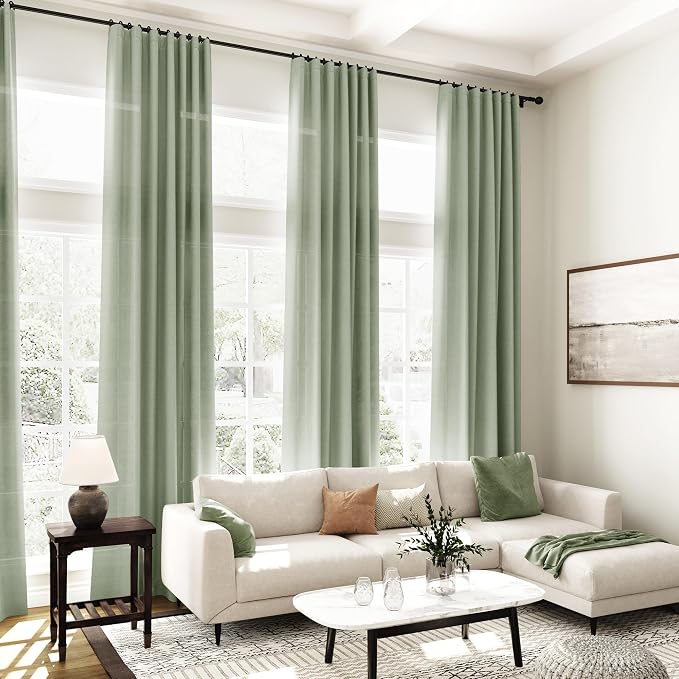 Nanspring Desert Sage Linen Curtains Semi Sheer 96 Inches Long 2 Panels Set for Living Room Back Tab Rod Pocket Light Filtering Drape for Bedroom Modern Farmhouse Coastal Decor Protect Privacy 52x96