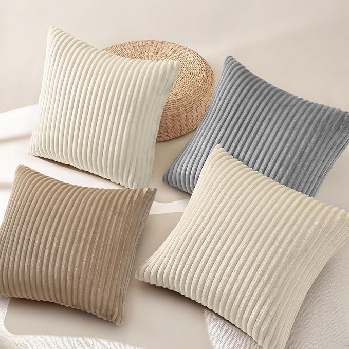 decorUhome Set of 4 Flannel Throw Pillow Covers 16x16 Inch, Spring Decorative Soft Double-Sided Fluffy Couch Pillow Covers, Farmhouse Neutral Pillow Cases for Sofa Living Room (Beige/White)