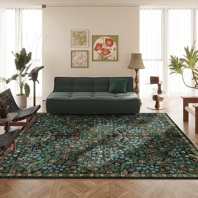 8x10 Washable Area Rug for Living Room, Green Floral Non-Slip Non-Shedding & Easy Care Soft Low Pile Forest Boho Indoor Floor Carpet for Living Room Bedroom Farmhouse Dining Room Kids Playroom