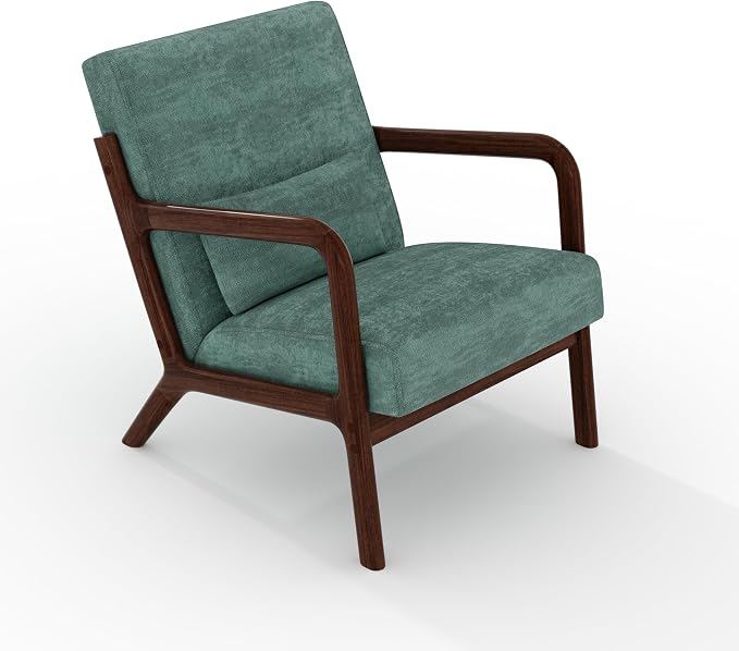 Garvee Mid-Century Modern Accent Chair, Chenille Upholstery, Solid Wood Armchair with Removable Lumbar Pillow, Sturdy Reading Chair for Living Room, Bedroom, Guest Room, Easy Assembly, Green