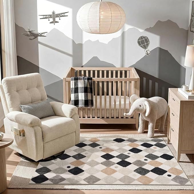 jinchan Macy 4x6 Area Rug for Kids Room Black and White Modern Colorful Checkered Diamond Nursery Rug Indoor Washable Soft Non Slip Carpet for Playroom Classroom Bedroom Living Room Marble on Cream