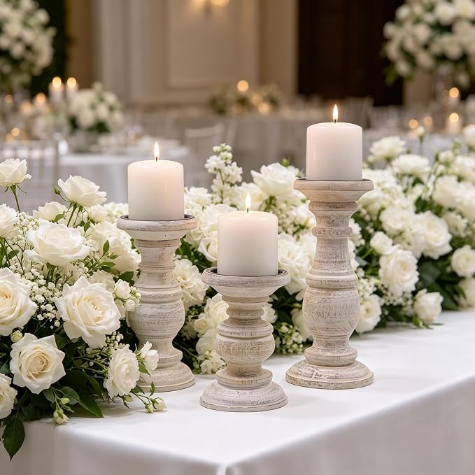 Hosley Set of 3 Whitewashed Wooden Pillar Candle Holders – 10”, 8”, and 6” Heights – Ideal for LED and Pillar Candles, Weddings, Parties, Home Décor, Spa, Reiki, and Aromatherapy
