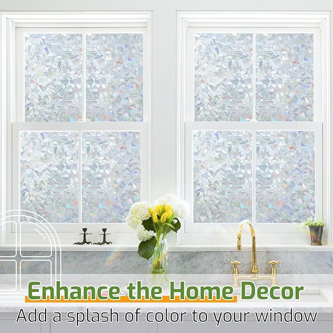 LUTE Window Privacy Film, Rainbow Window Flim, 3D Decorative Stained Glass Cling, Non-Adhesive Vinyl Static Cling UV Blocking Heat Control One Way Glass Covering for Home, Silver, 23.6 x 78.7 inches