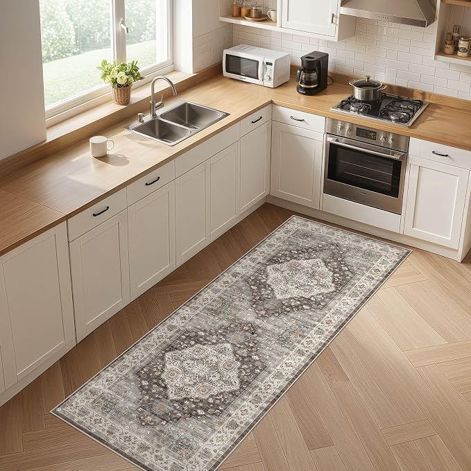 Runner Rug Kitchen Washable Rugs: 3x10 Non-Slip Boho Vintage Stain Resistant Indoor Neutral Farmhouse Throw Carpet for Hallway Bathroom Laundry Room Entryway Bedroom- Grey Brown