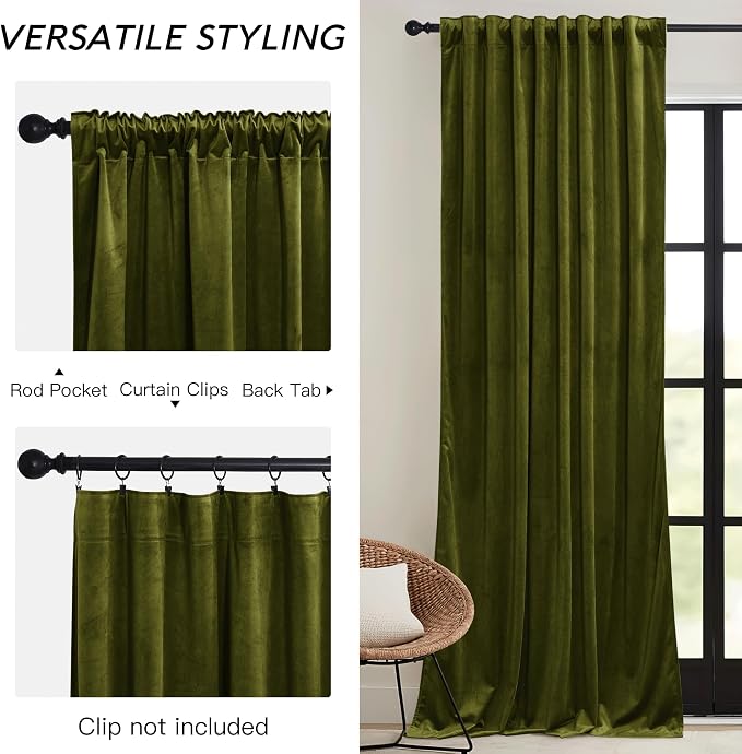 RYB HOME Moss Green Velvet Curtains for Bedroom Living Room, Thermal Insulated Privacy UV Heat Blocking Luxurious Drapes for Nursery Dining Room, 52"W x 108"L, 2 Panels, Rod Pocket/Back Tab/Hook Belt