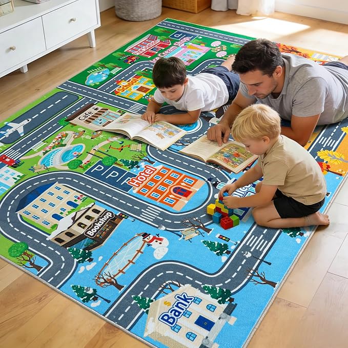 Car Rug Play Mat for Kids Toy Cars, 7' x 9' City Road Town Track Four Seasons Traffic Carpet, Non-Slip Washable Area Rug for Kids Room Bedroom Classroom Play Area, Fun Learning Carpet for Children