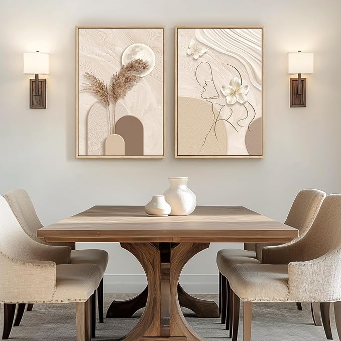 Framed Neutral Abstract Wall Art for Living Room, Set of 2 Modern Beige and Taupe Canvas Paintings Prints Artwork for Walls, Woman Silhouette Pictures Wall Decor for Bedroom Home Office, 16x24 Inch