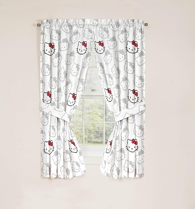 Jay Franco Window Curtains for Bedroom 4-Piece Drape Set with 2 Tiebacks, White - Hello Kitty, 42" W x 63" L (Pack of 2)