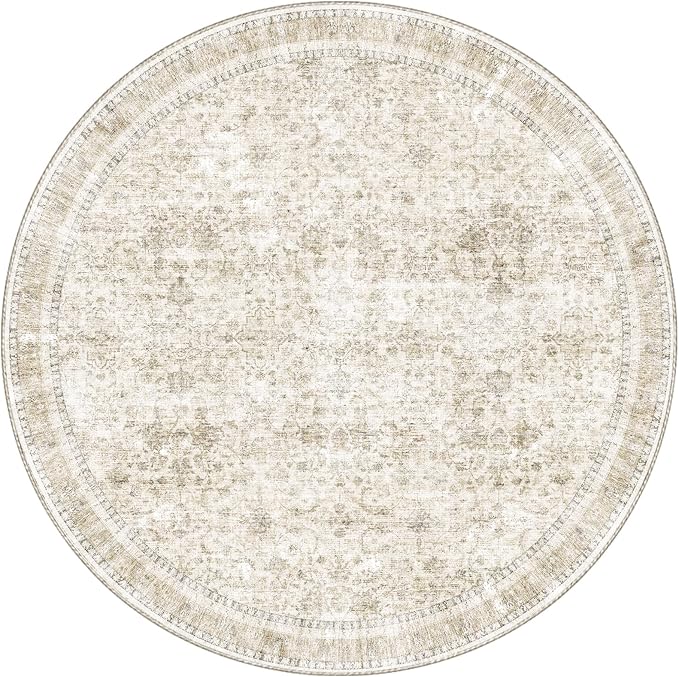 Sasttie Round Rugs 8ft, Ultra-Soft Washable Circle Rug, Low Pile Foldable Thin Carpets with Non-Slip Backing, Skin-Friendly Stain Resistant Carpet for Living Room, Bedroom, Kitchen, Dorm, 8ft, Beige