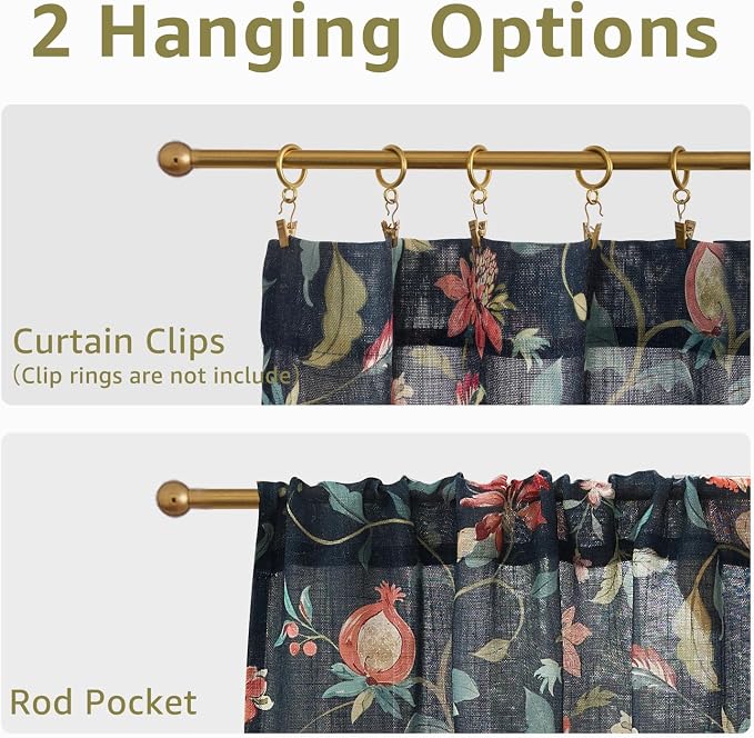 jinchan Hattie Floral Linen Kitchen Curtains 36 Inch Length Vintage Cottage Core Farmhouse Cafe Curtains Light Filtering Small Window Drapes for Living Room Bathroom Rod Pocket 2 Panels Dark Blue