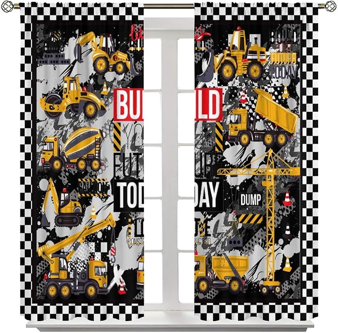 Cartoon Car Blackout Curtain,Boys Kids Construction Vehicles Truck Black White Checkered Window Curtains Kitchen Bedroom Cafe Dining Room Office Living Room Drapes, 42x63 in