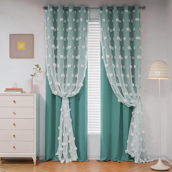 MYSKY HOME Teal Curtains for Kids Room Nursery Curtains 72 Inches Long for Girls Bedroom Double Layer Curtains White Pom Pom Sheer Curtains for Dining Room Grommet Room Darkening Panels W52 X L72