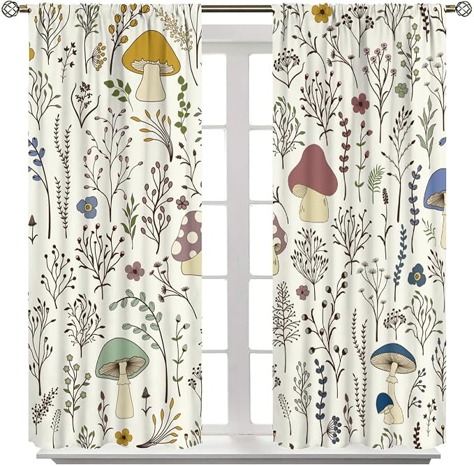 Mushroom Curtains,Colorful Plant Forest Botanical Print Window Treatments for Bedroom Living Room Kitchen Cartoon Herbs Floral Window Drapes 2 Panels Set,Total Size 42 x 54 Inch