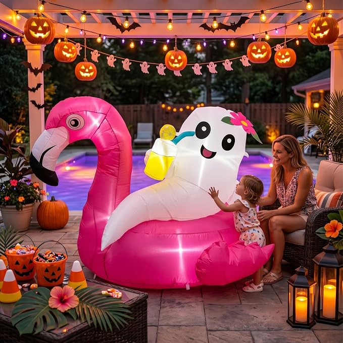 4.9FT Summerween Decorations Inflatable Ghost on Flamingo Float, Halloween Outdoor Inflatable Decor with Tropical Drink and LED Lights for Yard Lawn Garden Home, Summerween Party Decorations