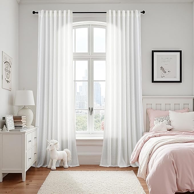 White Sheer Curtains 108 inch Long 2 panels for Living Room Modern Farmhouse White Fluff Curtains Back Tab Shabby Chic Boho Curtain Semi Sheer Nursery Kids Aesthetic Elegant Drape 52x108 Length