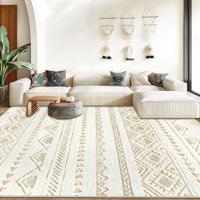 Area Rug Living Room Rugs 8x10 - Large Soft Boho Geometric Rug, Non-Slip Foldable Washable Rugs Non Shedding Morden Indoor Floor Carpet for Living Room Bedroom Office Dining Room(Beige Brown,8'x10')