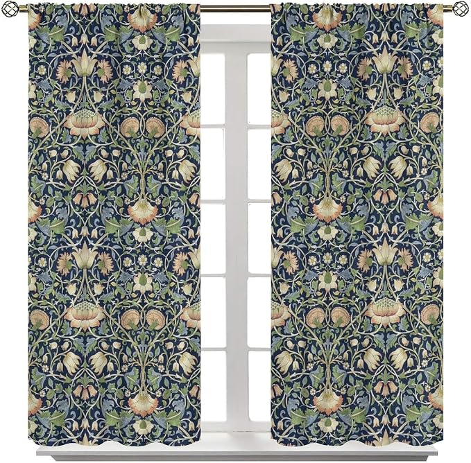 William Morris Blackout Window Curtains, Retro Botanical Vintage Floral Leaves Pattern Print Window Drapes, for Living Room Bedroom 21(W)*63(L) 2 Panels