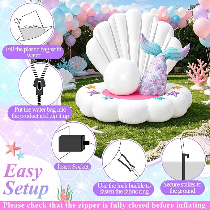 4.6FT Inflatable Seashell with Mermaid Tail for Summer Outdoor Decor, Blow Up Seashell Built-in 3 LED Lights for Mermaid Birthday & Pool Beach Ocean Party Decorations, Yard Garden Indoor Photo Props