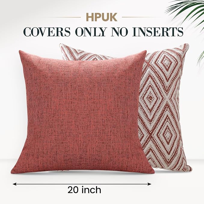HPUK Throw Pillow Covers 20x20 Inch Set of 4, Linen Decorative Pillow Covers, Accent Cushion Covers for Couch Sofa Bed Bedroom Living Room Décor, Coral