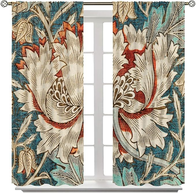 William Morris Plant Floral Blackout Window Curtains, Bohemian Vintage Rustic Flowers William Morris Art Style Window Drapes, for Bedroom Living Room 27.5(W)*63(L) 2 Panels