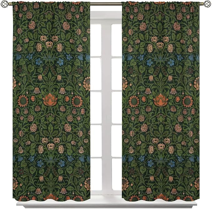 Bohemia Plant Flowers Pattern Blackout Window Curtains, William Morris Art Print Vintage Decor Curtains, for Living Room Bedroom 36(W)*63(L) 2 Panels