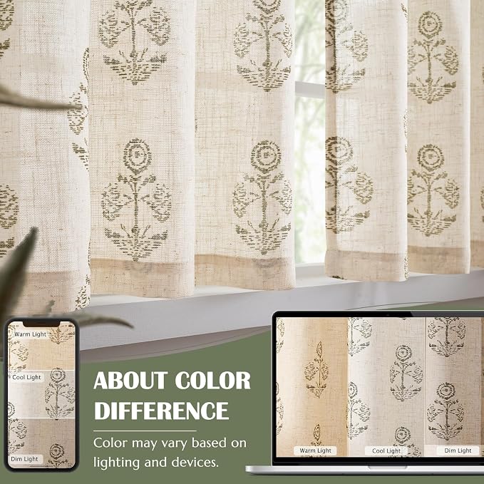 jinchan Linen Kitchen Curtains 36 Inch Floral Tier Curtains Farmhouse Cottage Core Flax Cafe Rod Pocket Country Small Window Drapes for Laundry Room Bathroom RV 2 Panels Sage Green on Beige