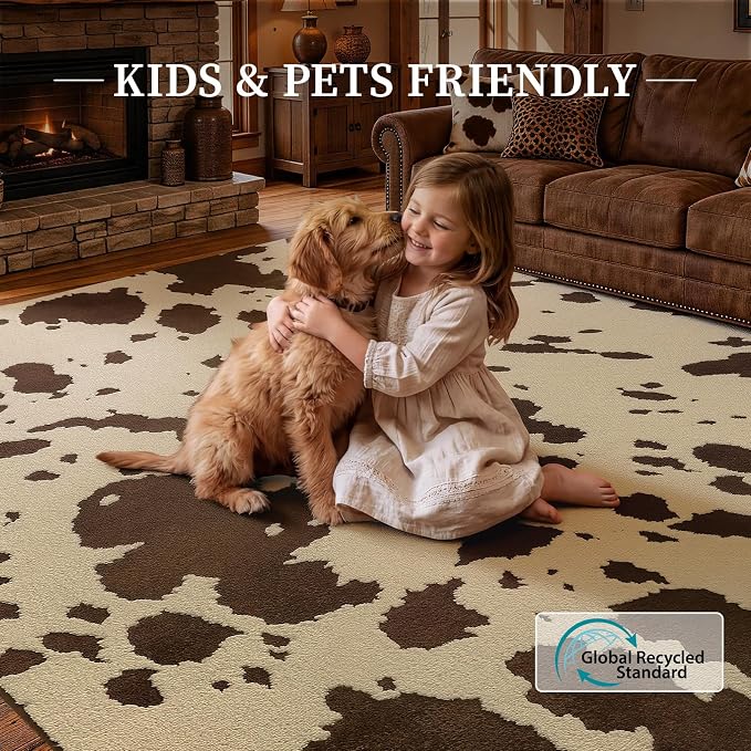 YIHOUSE Cowhide Area Rugs 6×9 Ft, Washable Plush Soft Brown and Cream Cow Rug, Non-Slip High-Low Pile Animal Carpet for Living Room, Bedroom, Dining Room, Nursery, Western Home Decor